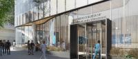 A rendering of people walking by a building with a glass exterior